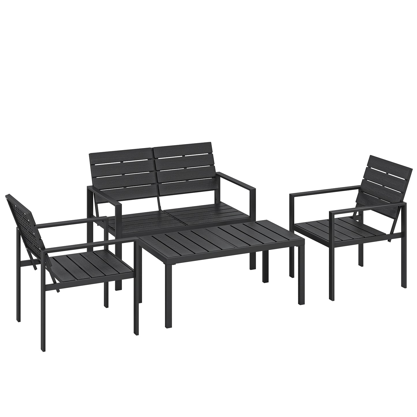 4 Piece Garden Furniture Set, Outdoor Sofa Set with HDPE Slatted Loveseat Armchairs Coffee Table Metal Frame, Black