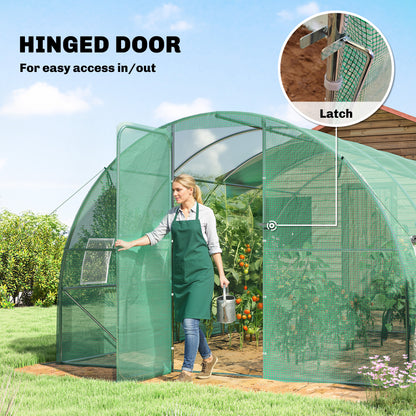 3 x 4 m Walk-in Polytunnel Greenhouse with Hinged Door and 8 Roll Up Mesh Windows, Garden Tunnel Warm House Tent, Green
