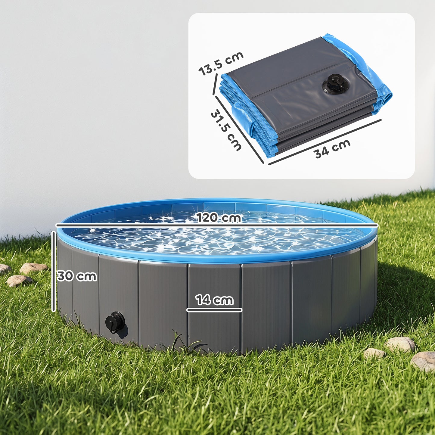 Foldable Dog Pool for Puppies and Ducks Dog Paddling Pool Bath Tub, Dark Grey, 120 x 30cm