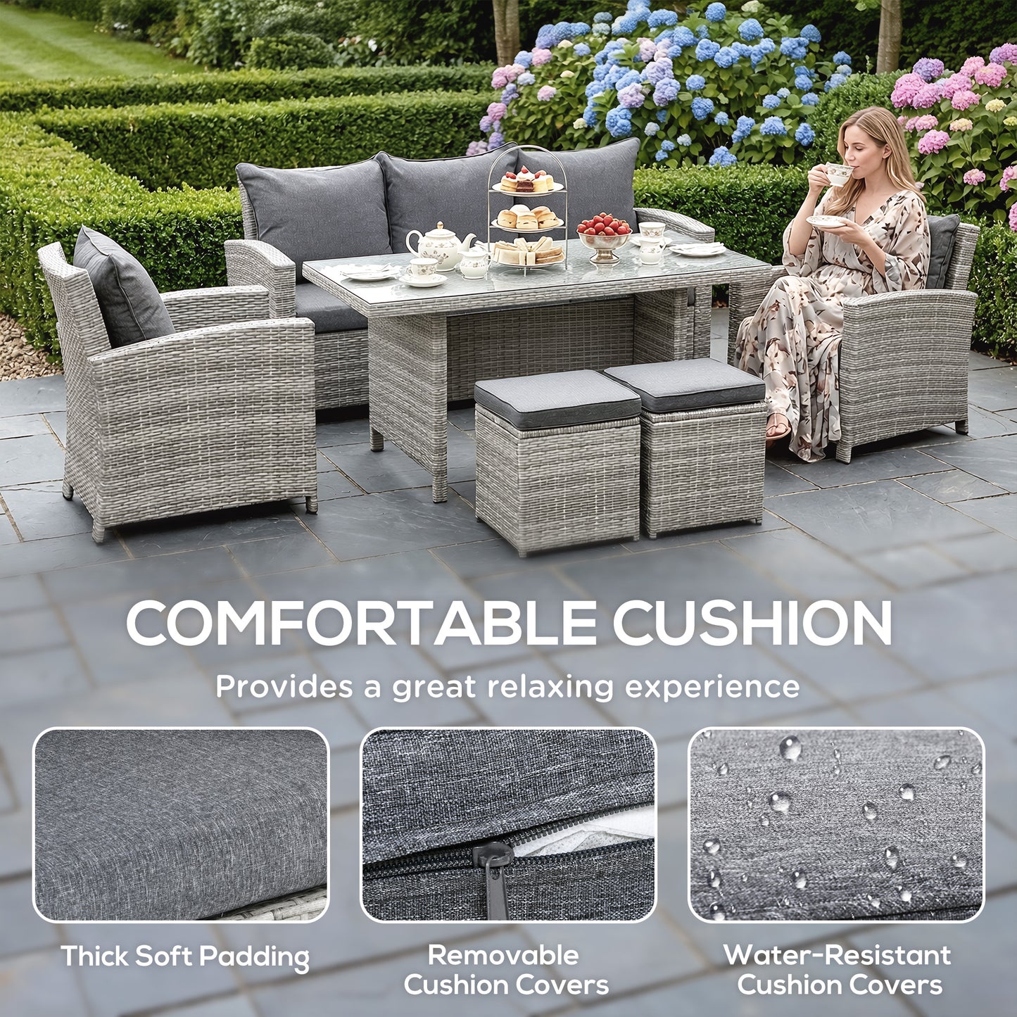 6-Piece Wicker Rattan Garden Set, Aluminium Patio Wicker Dining Sets with Glass Top Table & Soft Cushion, Light Grey