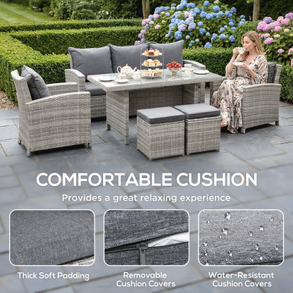 6-Piece Wicker Rattan Garden Set, Aluminium Patio Wicker Dining Sets with Glass Top Table & Soft Cushion, Light Grey
