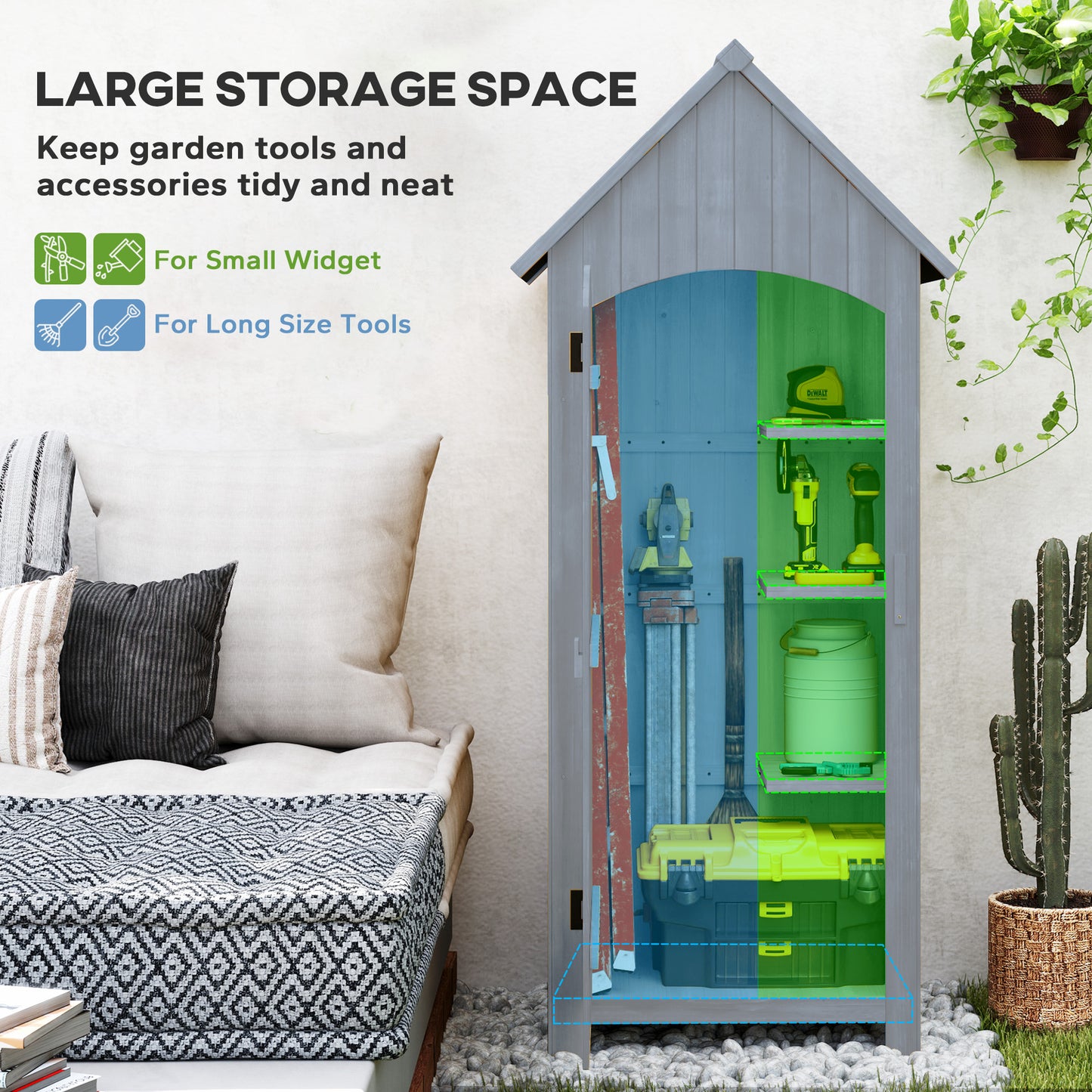 Wooden Garden Storage Shed with 3 Shelves, Outdoor Tool Storage Cabinet with Tilt Roof and Lockable Door