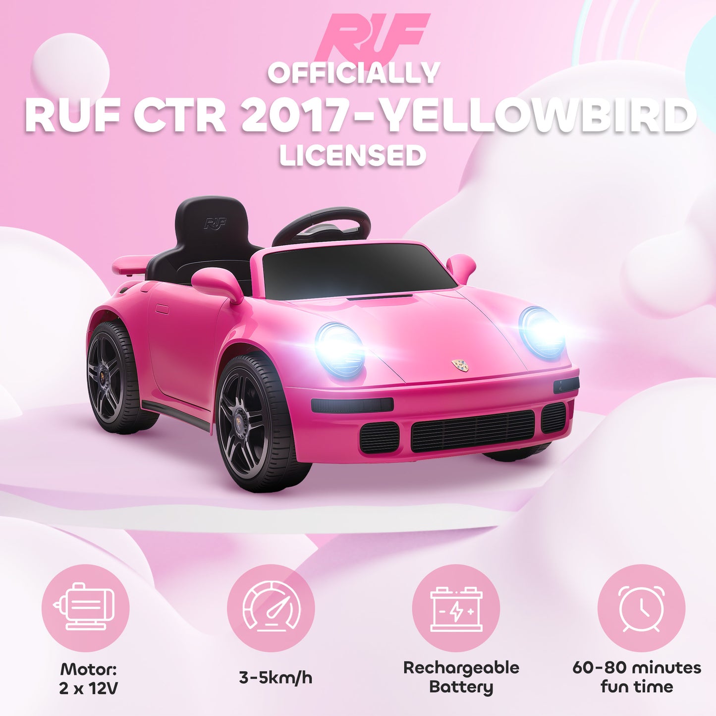 Licensed RUF CTR 2017-Yellowbird Electric Car for Kids, with Remote Control, Soft Start, MP3 Player, LED Lights, Pink