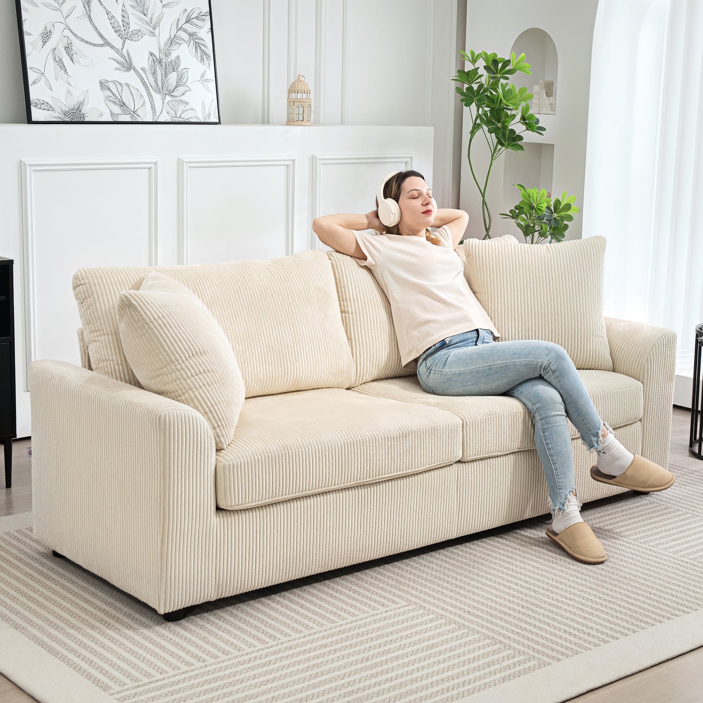 3 Seater Sofa, 212cm Corduroy Couch with Spring Cushion, Wide and Deep Seat, Plush Backrest, 2 Pillows