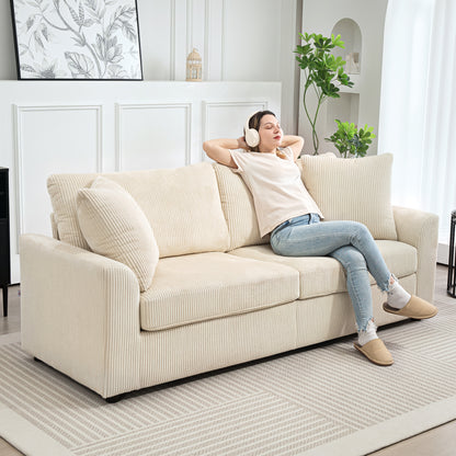 3 Seater Sofa, 212cm Corduroy Couch with Spring Cushion, Wide and Deep Seat, Plush Backrest, 2 Pillows