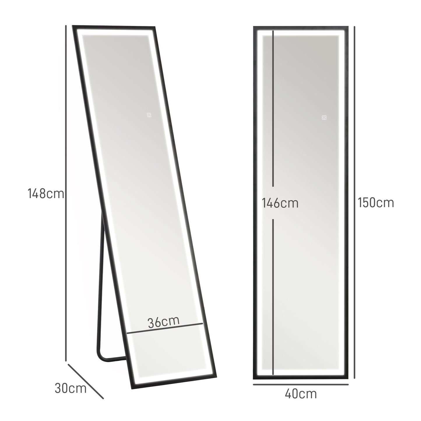 150 x 40cm Full Length Mirror, with Adjustable Lights - Black