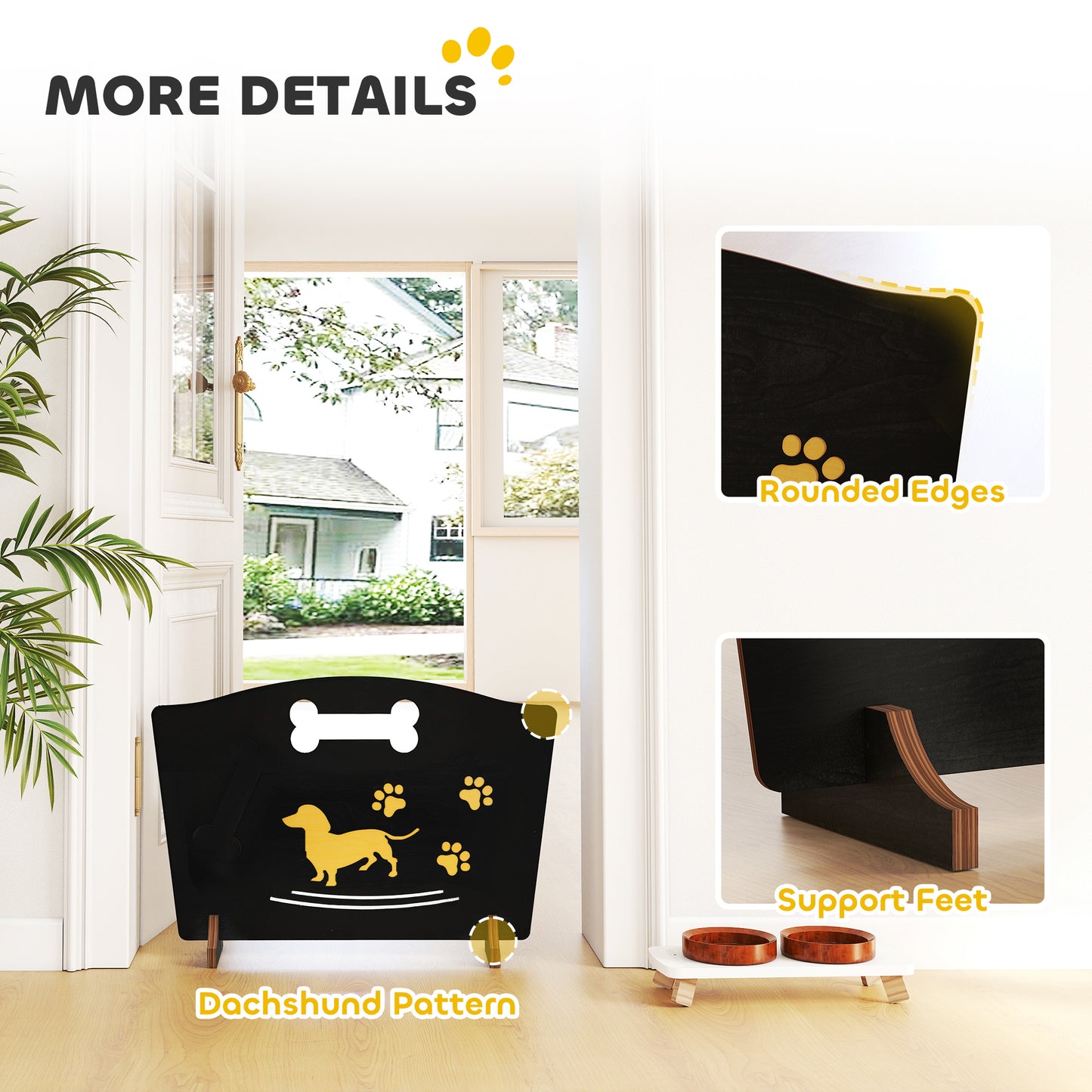 Wooden Dog Stopper, Dog Barrier with Support Feet, for Stair, Patio, Very Easy Setup, Black, 75 x 51 cm
