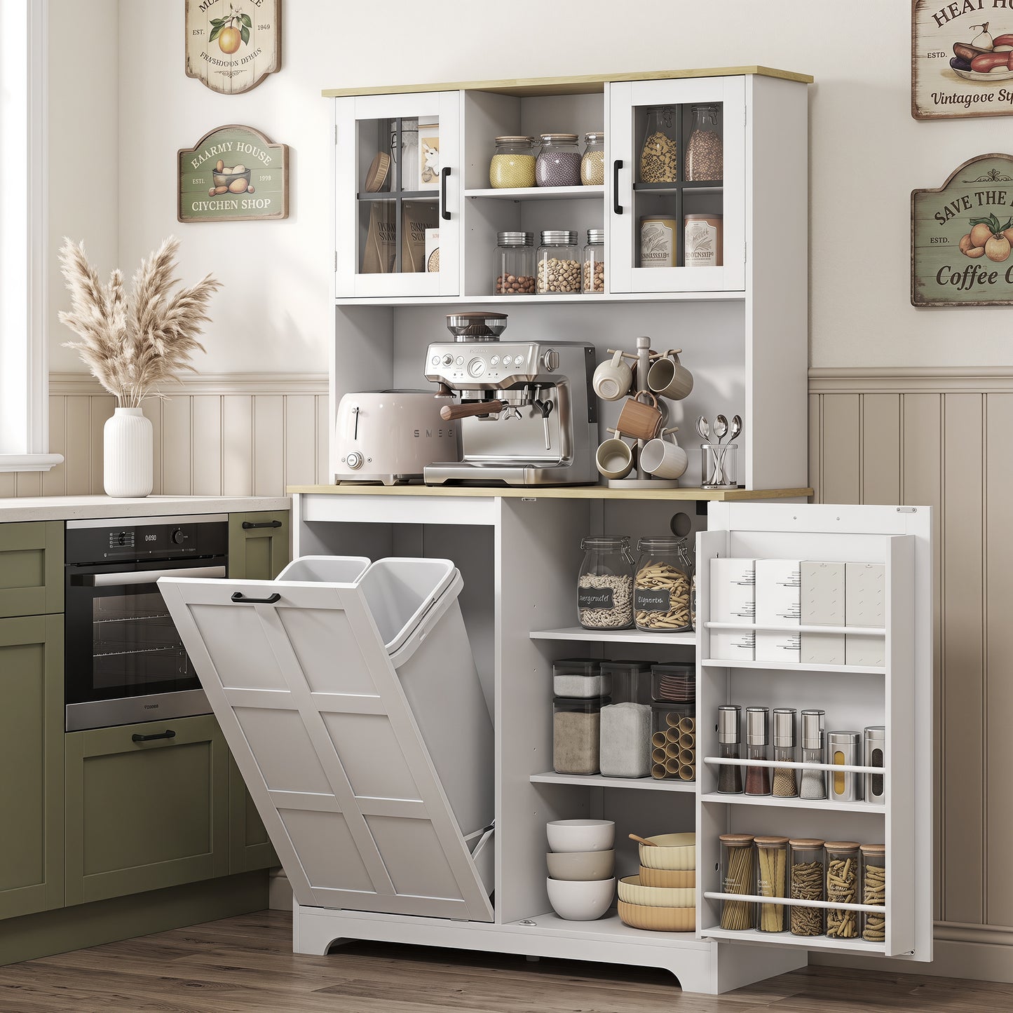 175cm Tall Kitchen Cabinet, Kitchen Cupboard with Rubbish Bin Cabinet, 3 Door Shelves and 2 Acrylic Doors, White