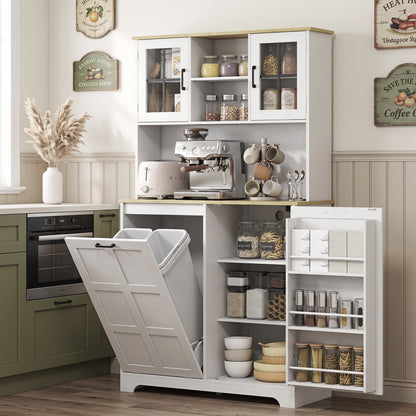 175cm Tall Kitchen Cabinet, Kitchen Cupboard with Rubbish Bin Cabinet, 3 Door Shelves and 2 Acrylic Doors, White