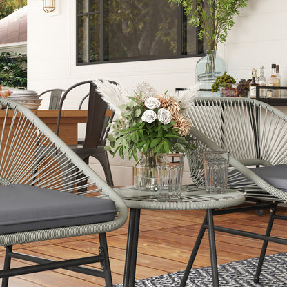 3 Pieces Rattan Bistro Set, Wicker Small Garden Table and Chairs Set with Cushions and Glass Top Coffee Table