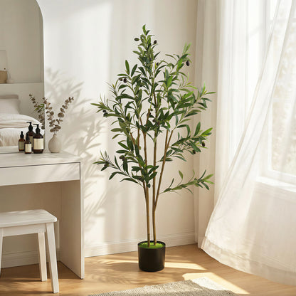 Decorative Artificial Plant, 120 cm Silk Olive Tree with 303 Leaves in Cement Pot, Fake Plant