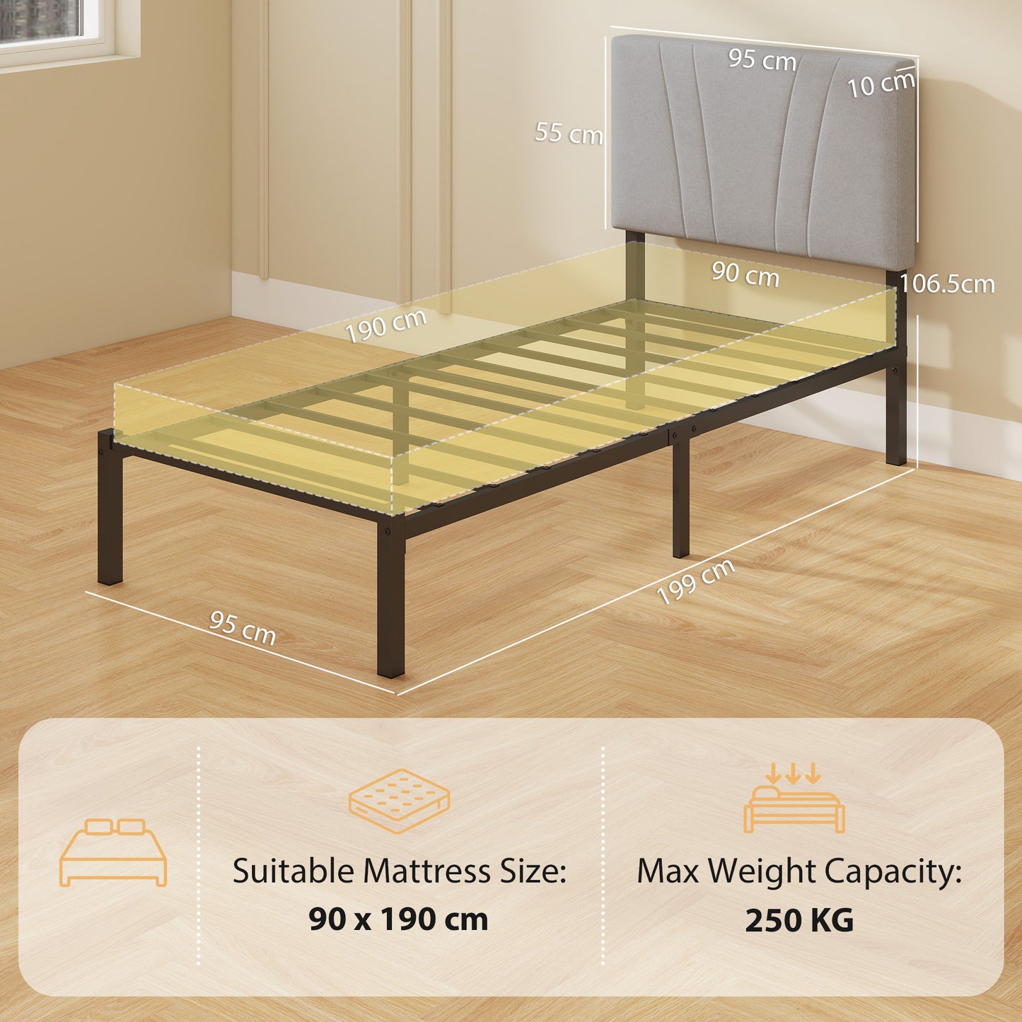 3FT Single Bed Frame with Upholstered Headboard and Underbed Storage, Black and Light Grey