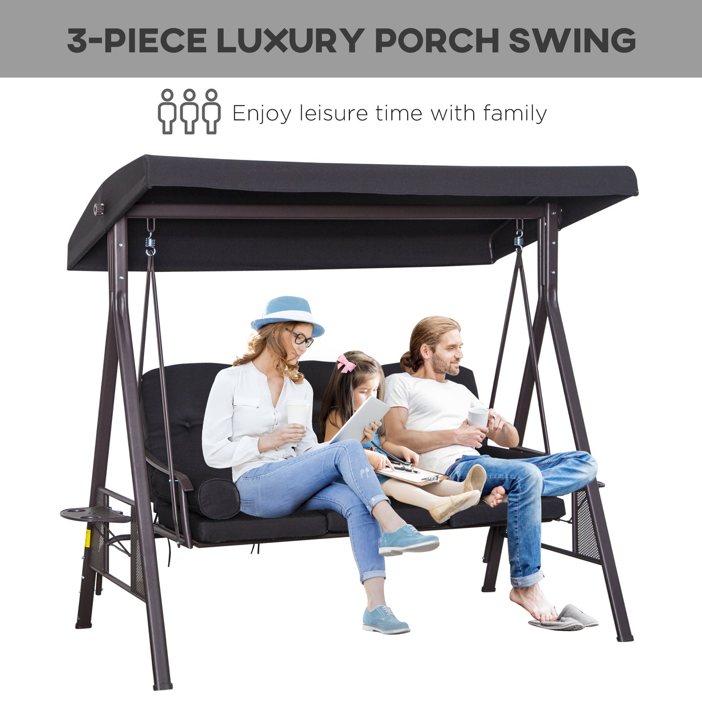 3 Seater Swing Chair Hammock Chair with Adjustable Canopy, Black