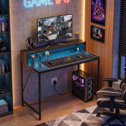 Gaming Desk, 100cm Computer Desk with LED Lights, Power Outlets, Monitor Stand and Remote, Black Wood-Effect