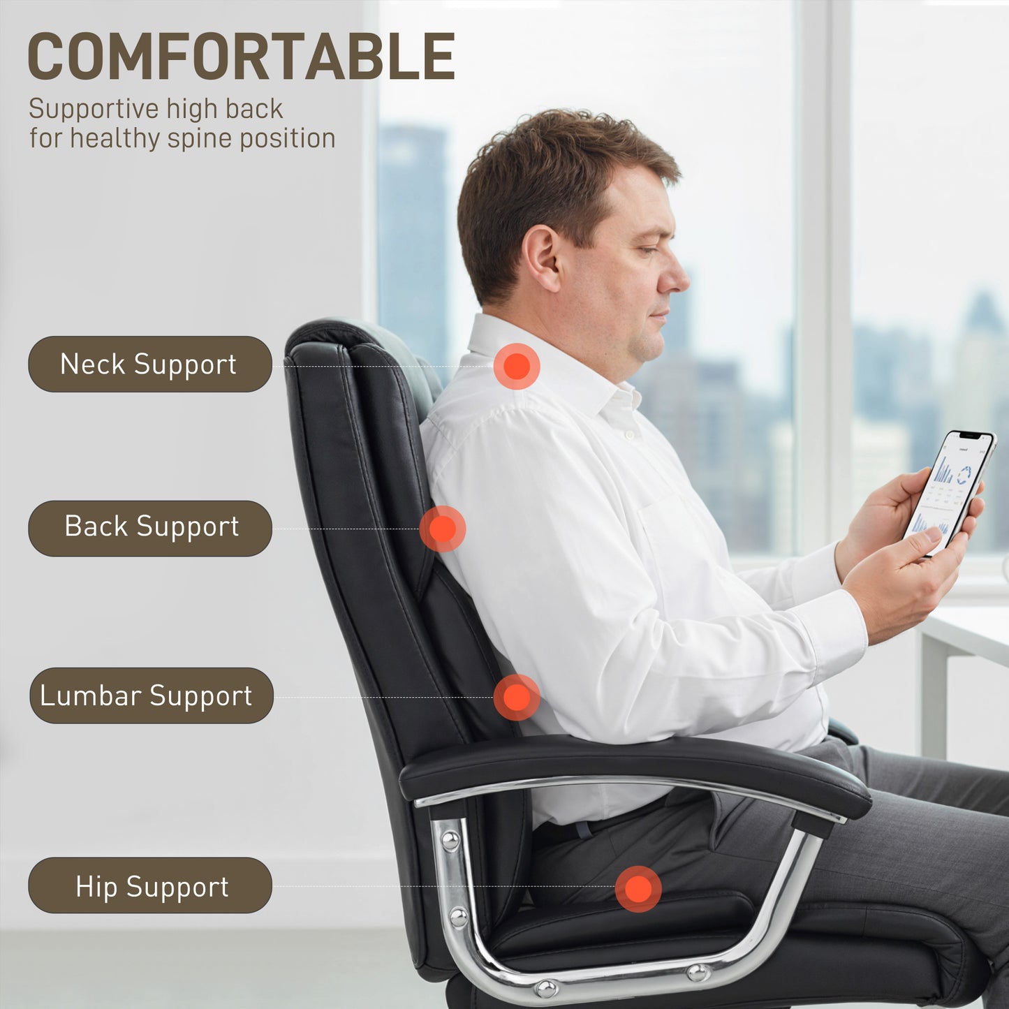 Big and Tall Office Chair 180kg with Spring Cushion, PU Leather - Black