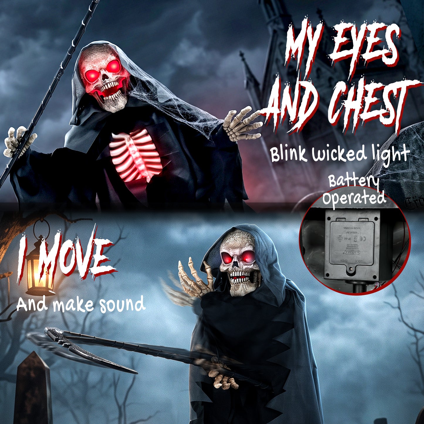 170cm Life Size Animated Grim Reaper Halloween Decoration, Scary Halloween Animatronics Decor with Sound Touch Activated