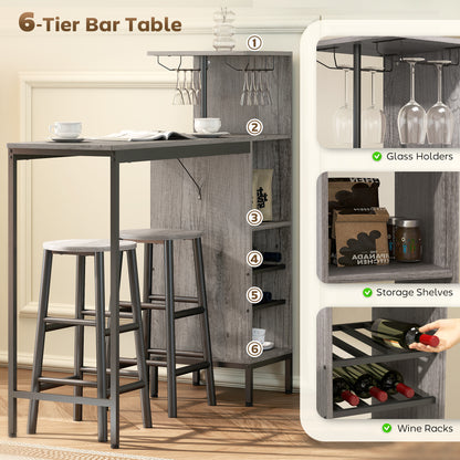3 Pieces Dining Room Set, 2 Round Stools with Footrest, 6-Tier Dining Table with Storage Shelves, Natural