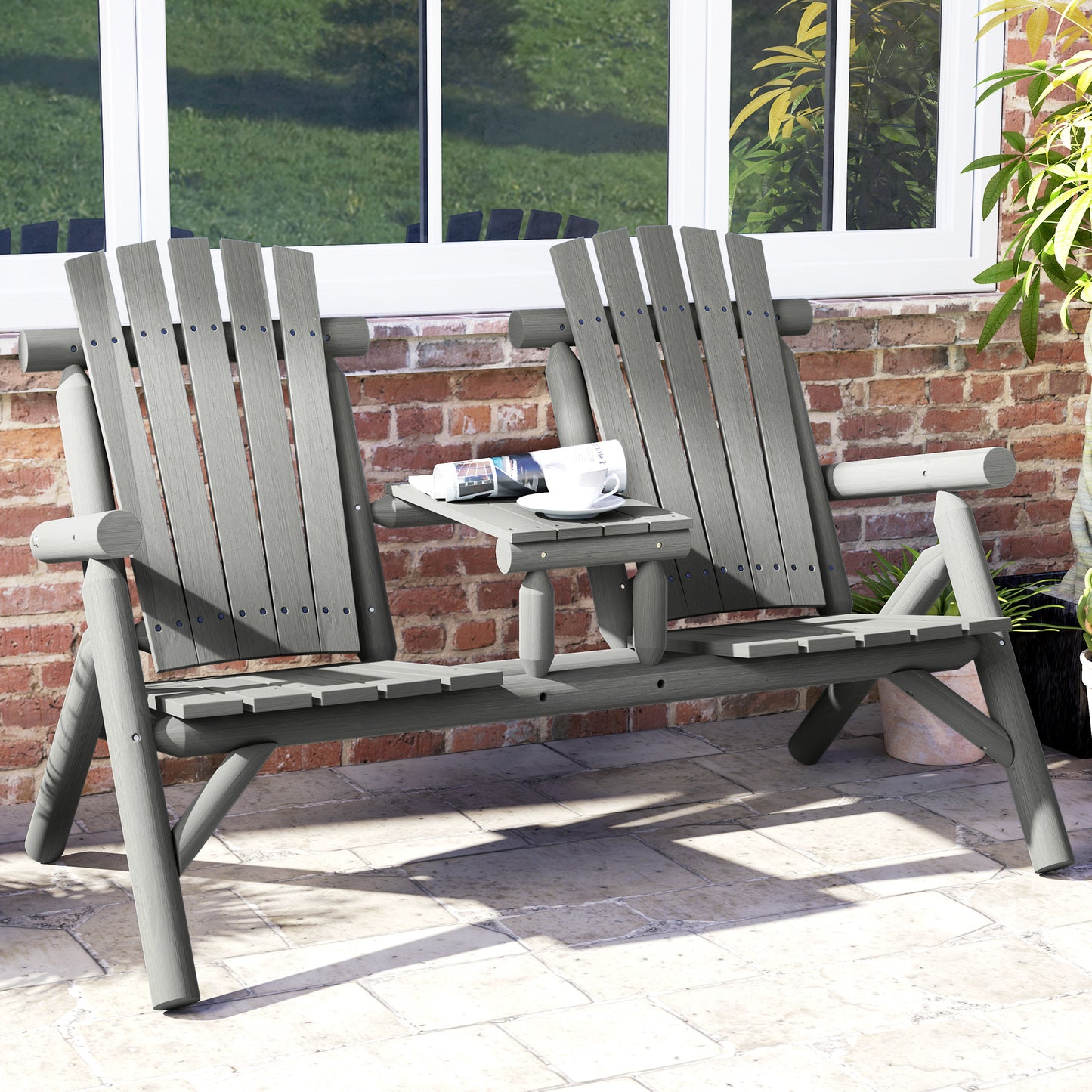 Wood Patio Chair Bench 2 Seats w/ Centre Coffee Table, Garden Bench, Grey