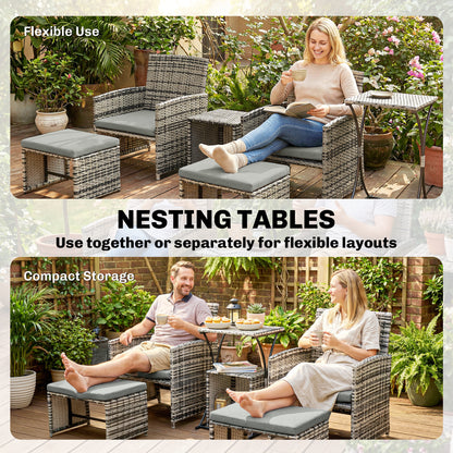 6 Piece Rattan Garden Furniture, Space-Saving Patio Furniture Set with Nesting Tables, Chairs, Stools, Cushions, Grey