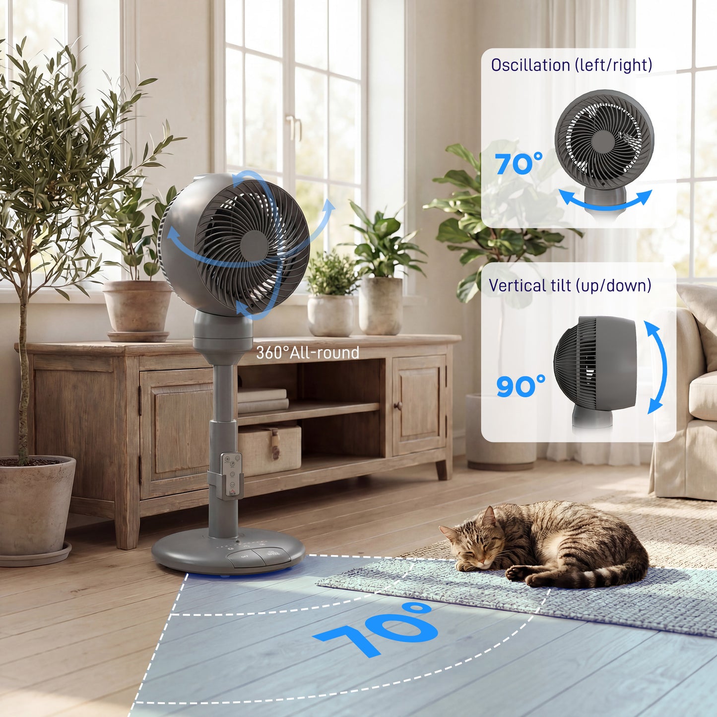 Air Circulator Fan Pedestal Cooling Fan with 3 Speed 3 Mode and Remote Control, 9 Inch, Grey