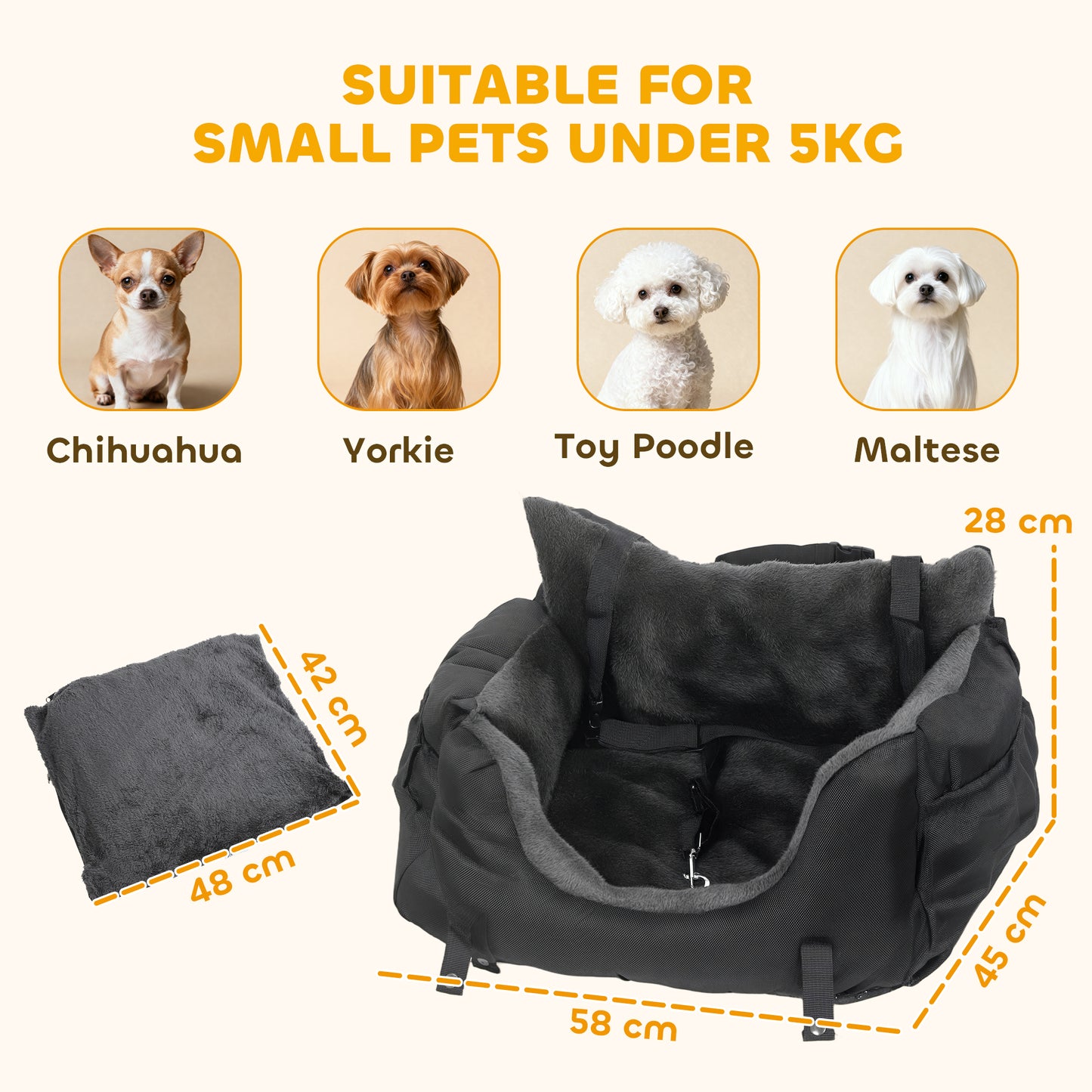 Dog Car Seat for Small Dogs with Fixed Buckle, Safety Leash, Washable Cover, 58 x 45 x 28 cm, Black