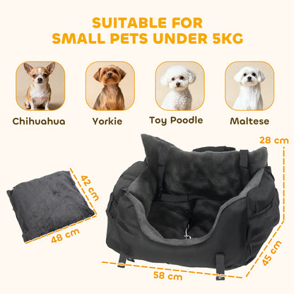 Dog Car Seat for Small Dogs with Fixed Buckle, Safety Leash, Washable Cover, 58 x 45 x 28 cm, Black