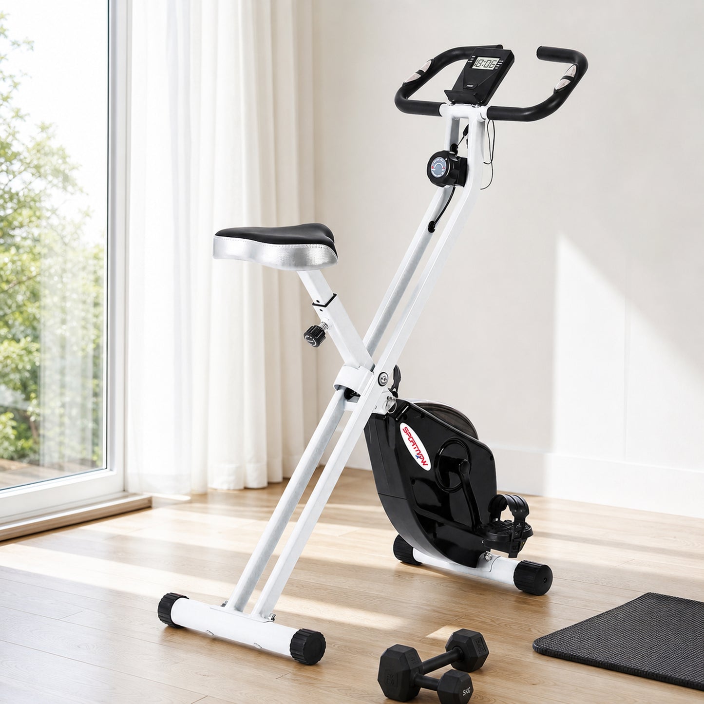 Folding and Quiet Exercise Bike with 8-Level Magnetic Resistance and Heart Rate Sensor, for Home Gym, Black and White