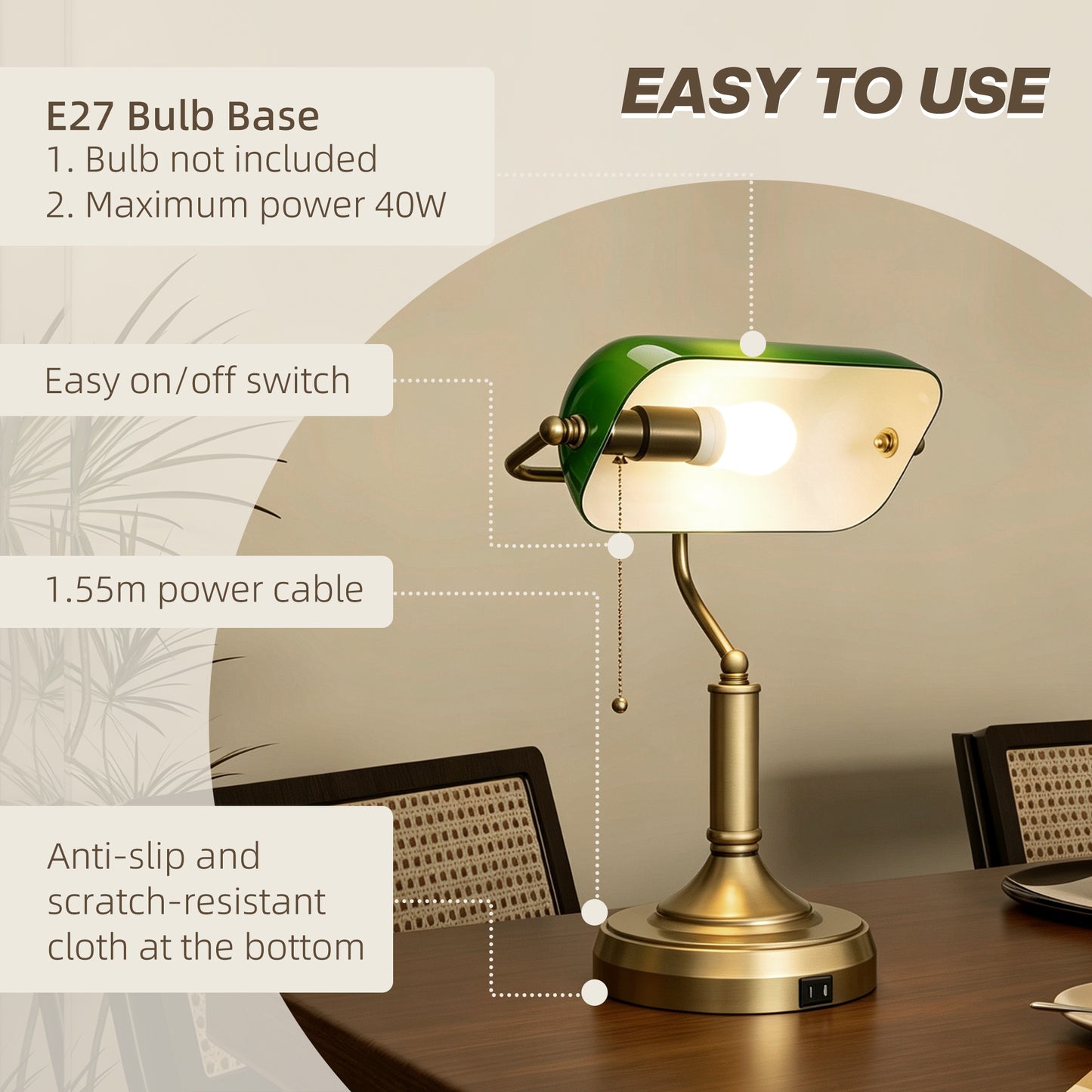 Desk Lamp with USB Ports, Banker's Table Lamp Desk Lamp with Vintage Bronze Tone Base and Pull Rope Switch, Green