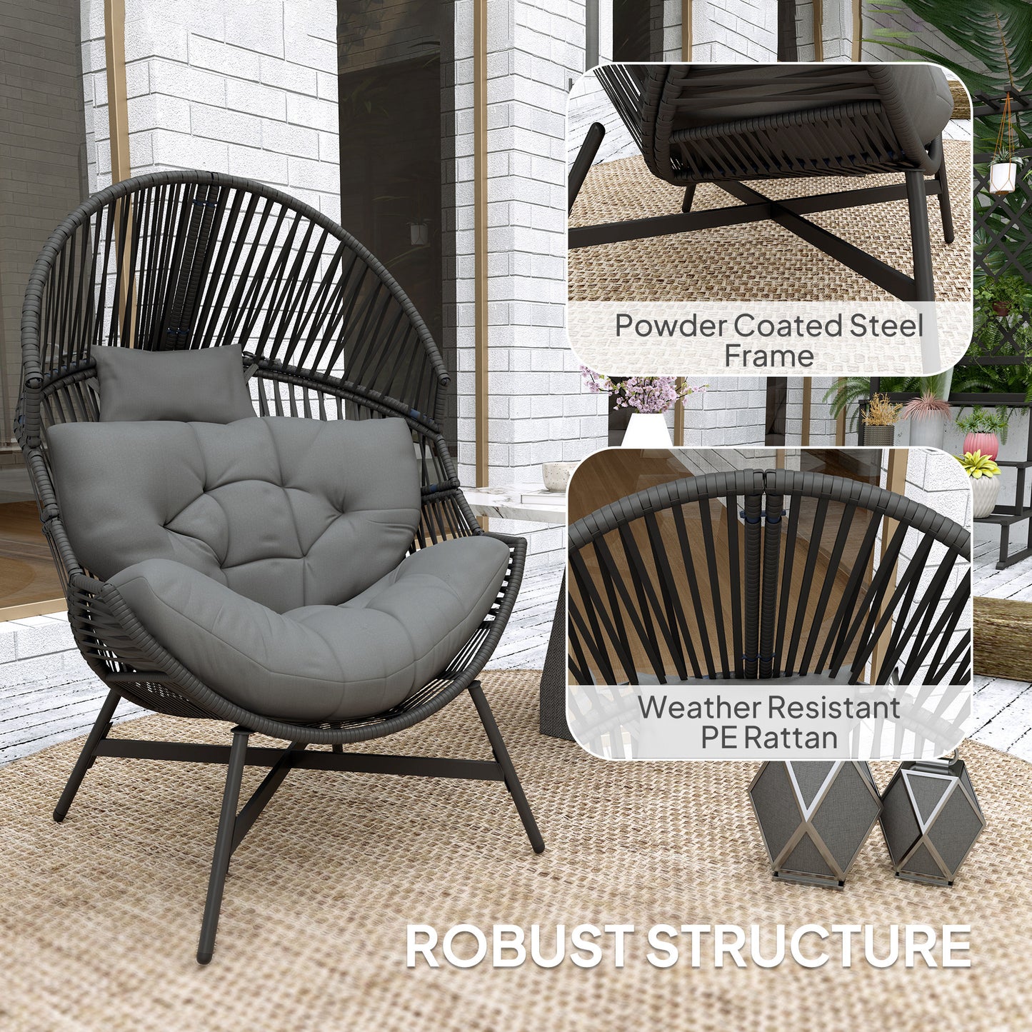 Rattan Egg Chair, Oversized Freestanding Garden Egg Chair with Thick Tufted Cushion, Headrest