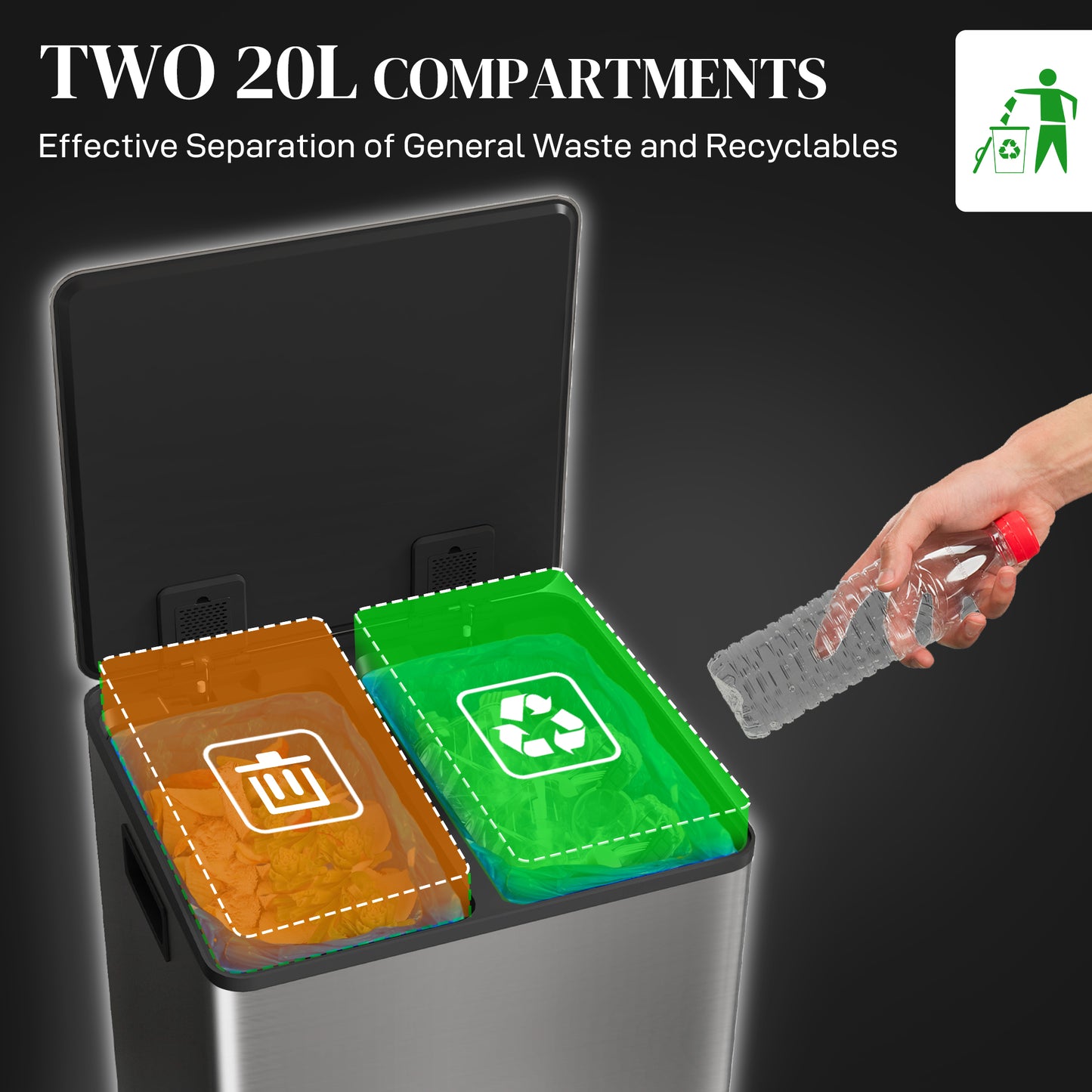 40L Dual Compartment Stainless Steel Bin, with Deodoriser Holders - Silver Tone