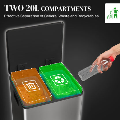 40L Dual Compartment Stainless Steel Bin, with Deodoriser Holders - Silver Tone