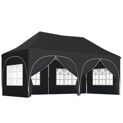 3 x 6m Pop Up Gazebo Shelter with Sides, 6 Sandbags, Peak Top Garden Party Tent Marquee with Carry Bag, Black