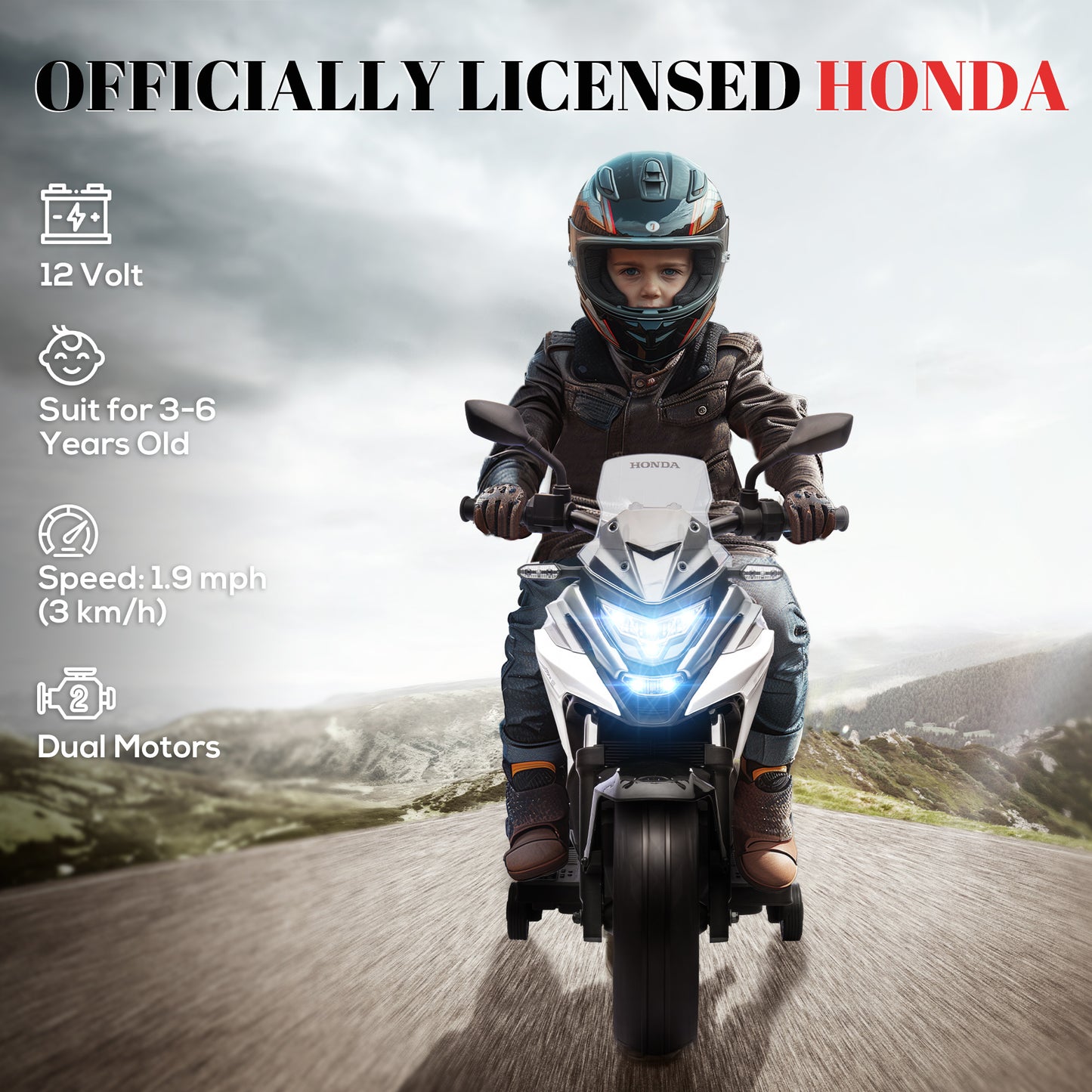 12V Honda Licensed Kids Electric Motorbike w/ Music, Headlights, Early Education Function, for Ages 3-6 Years, White