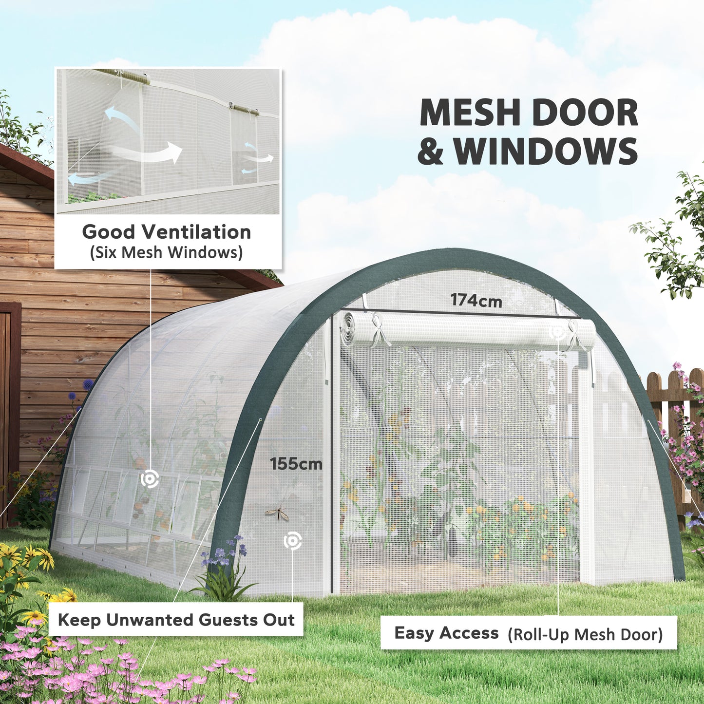 4 x 3(m) Walk-In Tunnel Greenhouse, with Accessories - White