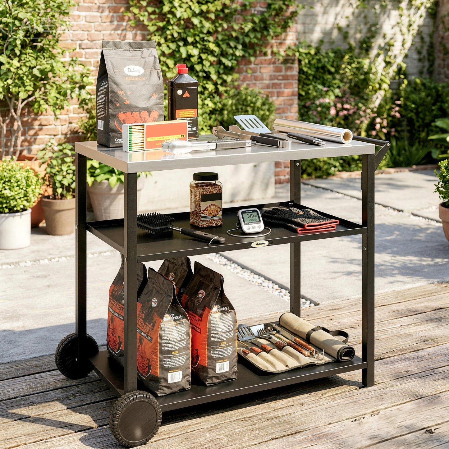 Outdoor Grill Cart with Stainless Steel Tabletop for Kitchen Prep, Two-Tier Pizza Oven Stand on Wheels, Black