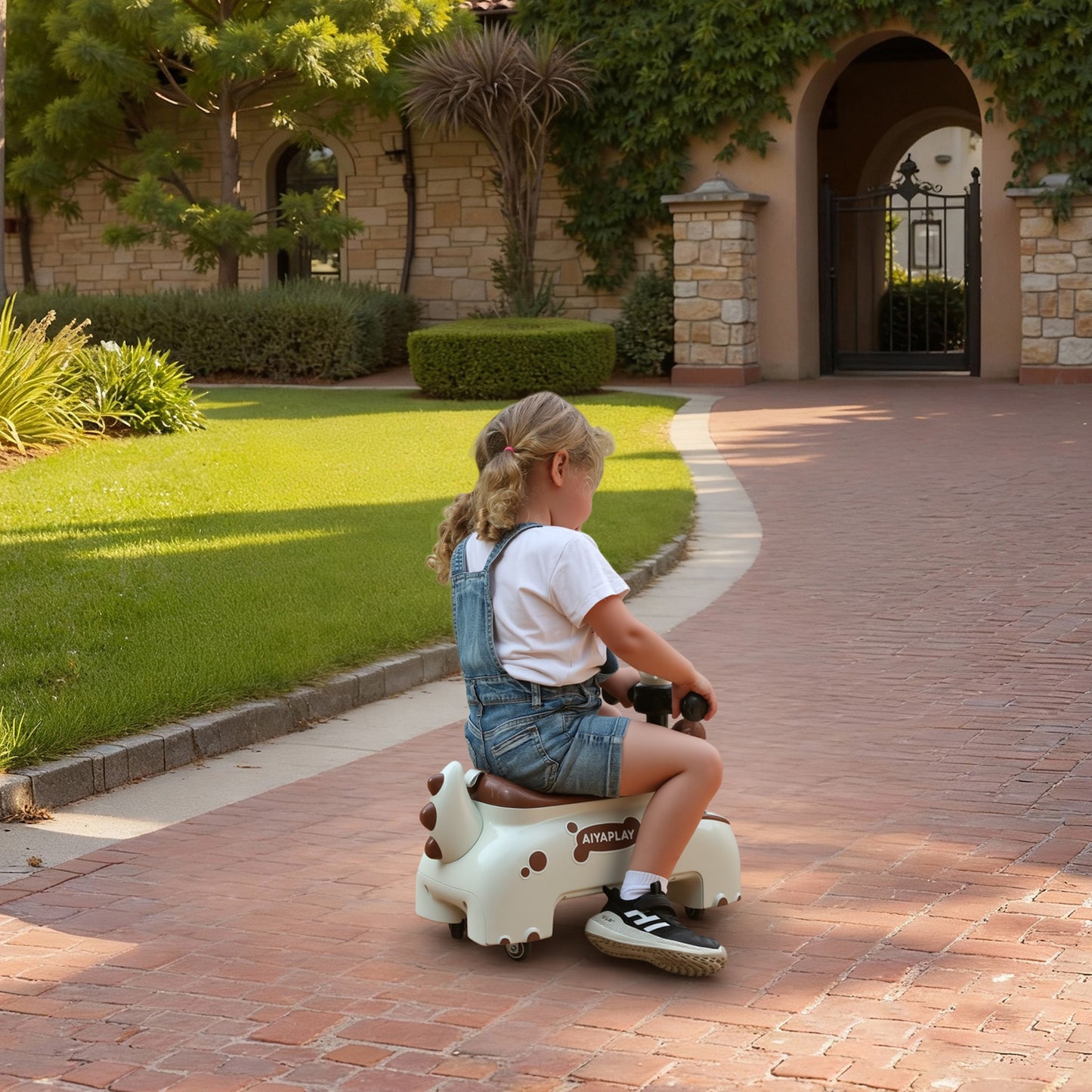Kids Ride On Car, Dinosaur Foot to Floor Slider with Storage, Toddler Walker with Light, Sounds, Cream