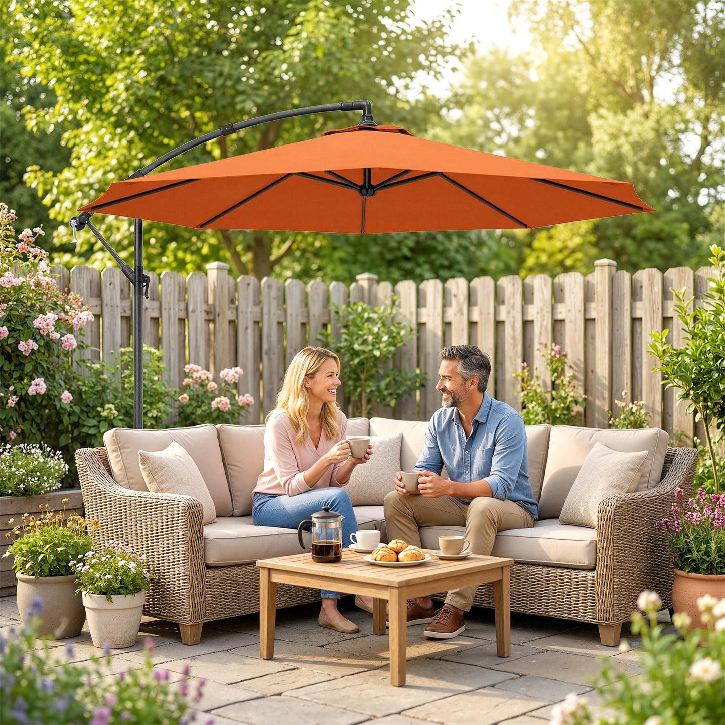 3 m Cantilever Parasol with Cross Base, Offset Outdoor Umbrella with Crank Handle, Hanging Sun Shade, Orange