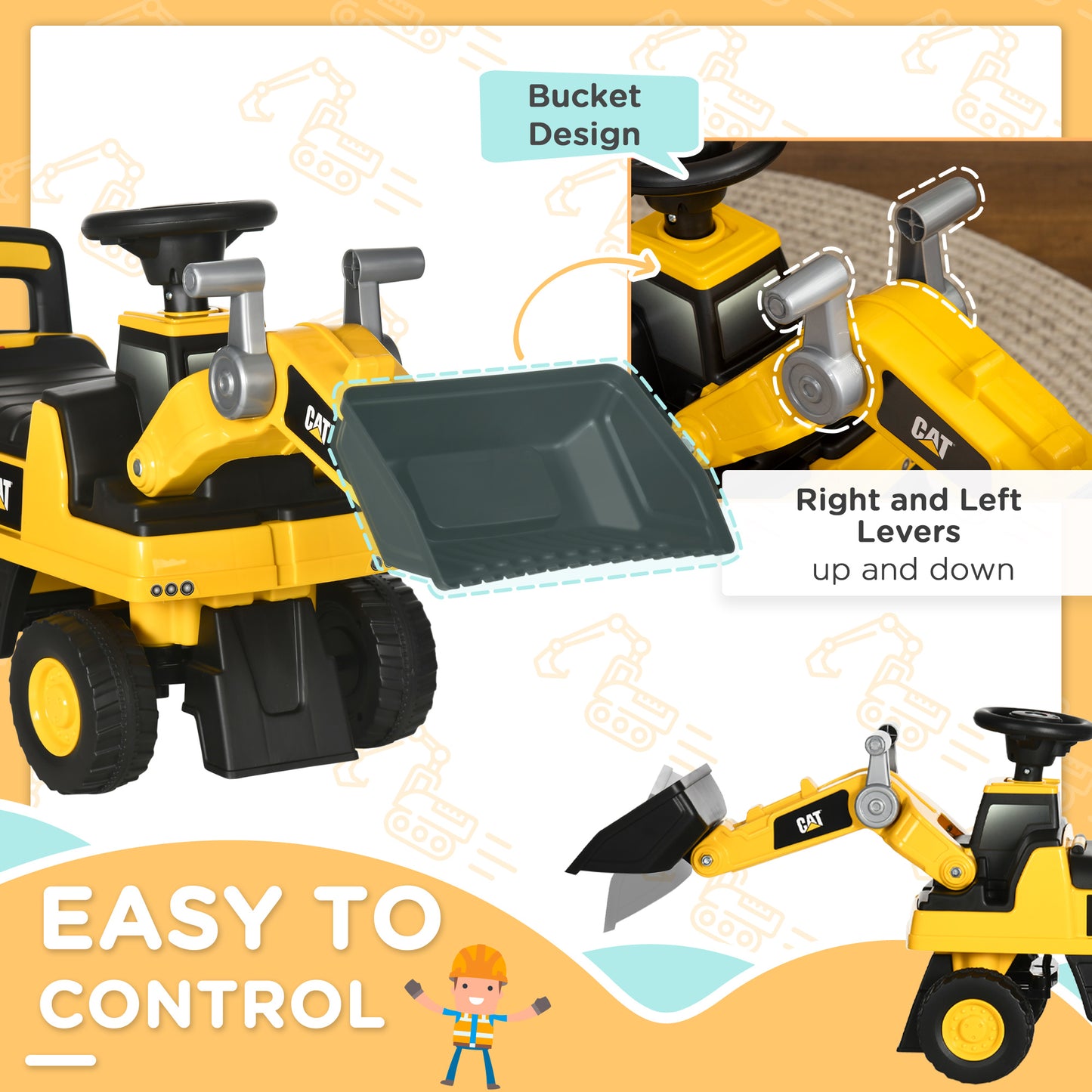 Ride on Tractor, CAT Licensed Kids Ride On Digger Excavator, Construction Toy Car with Adjustable Bucket, Horn