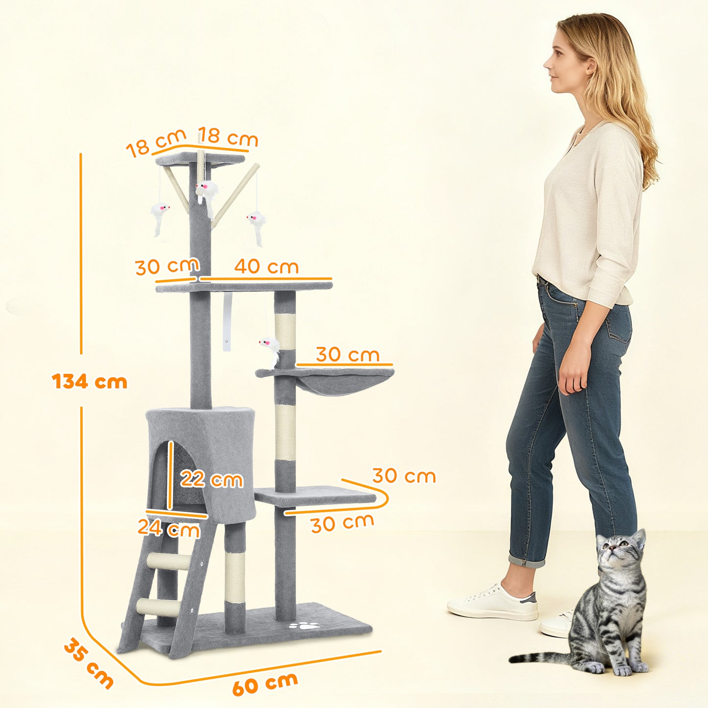 Multi-Level Cat Tower, 134cm Cat Tree with Condo and Sisal Scratching Posts for Indoor Kittens, Grey