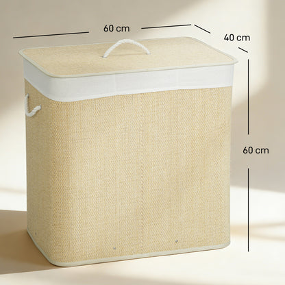 3 Section Laundry Basket with Lid, 144L Bamboo Laundry Hamper with Handles, Removable and Washable Liner, Cream White