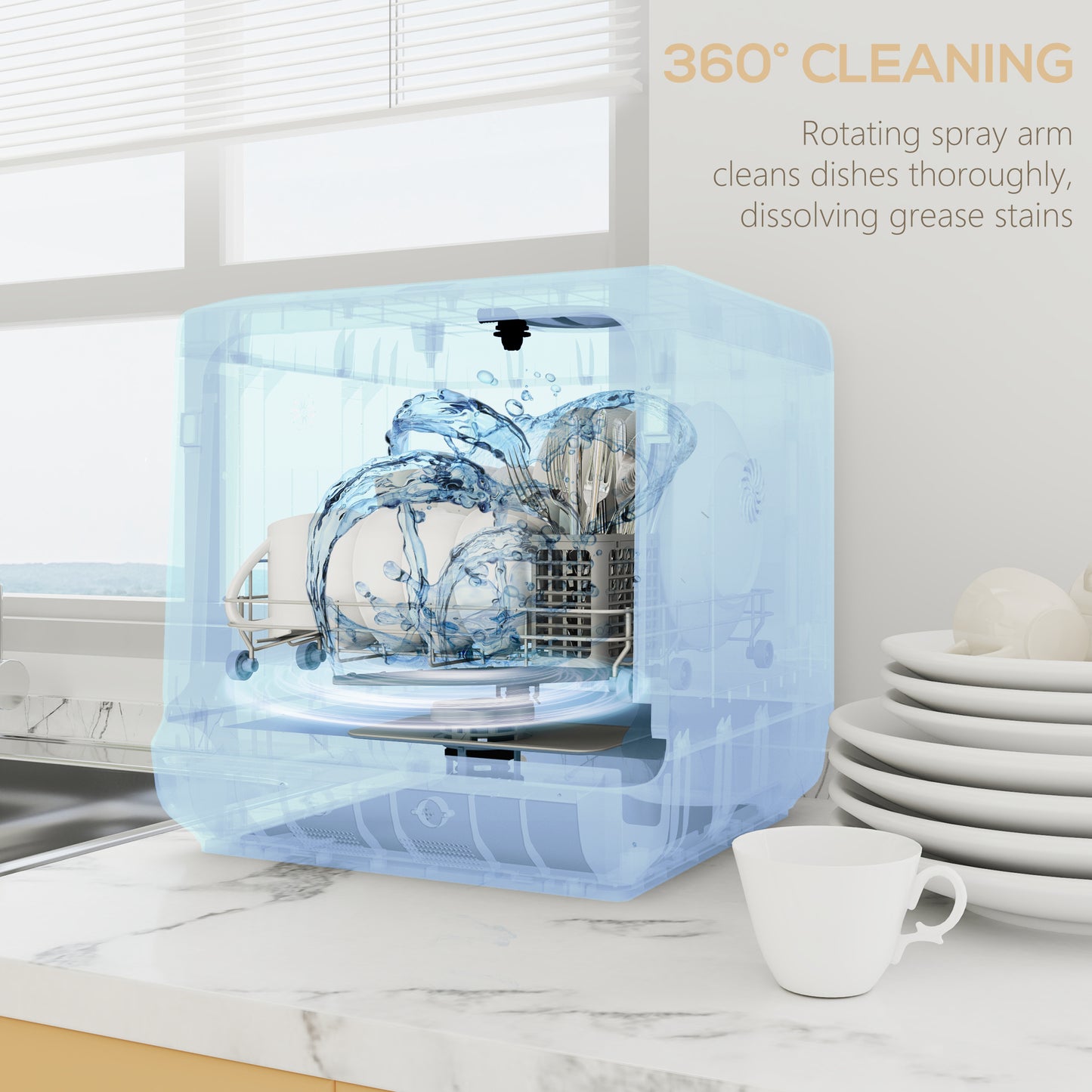 Table Top Dishwasher with Built-in 6L Water Tank, Mini Countertop Dishwasher with 6 Programs, 4 Place Settings, Silver Tone