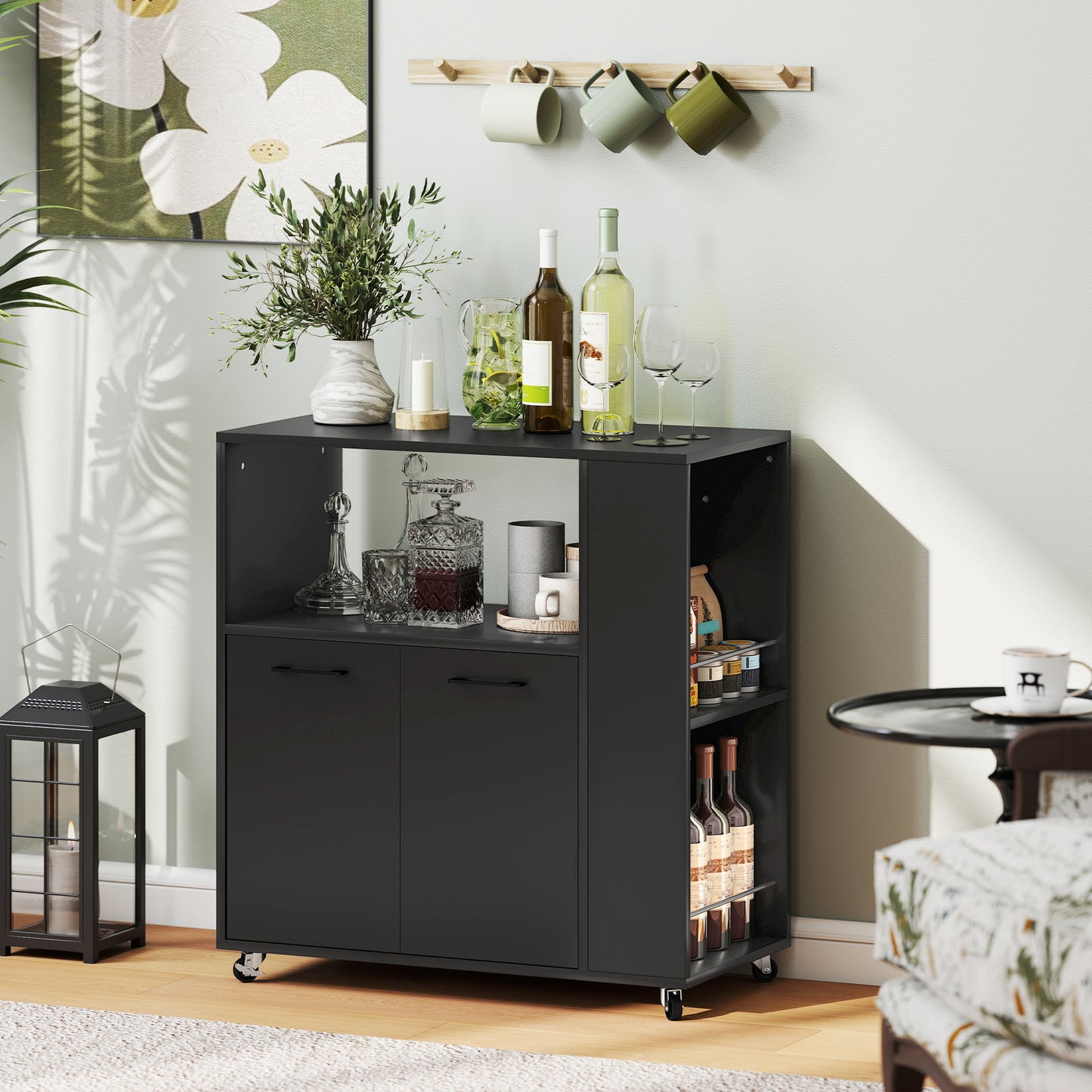 Kitchen Trolley on Wheels, Rolling Kitchen Island Cart with 2-Door Cabinet, Spice Rack and Adjustable Shelf, Black