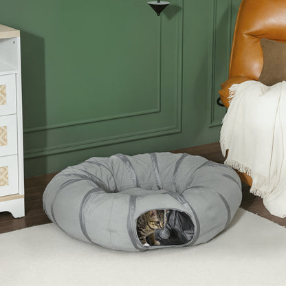 2 in 1 Cat Tunnel with Bed, Cat Play Tunnel with Ball & Peek Hole for Indoor Cats, Grey