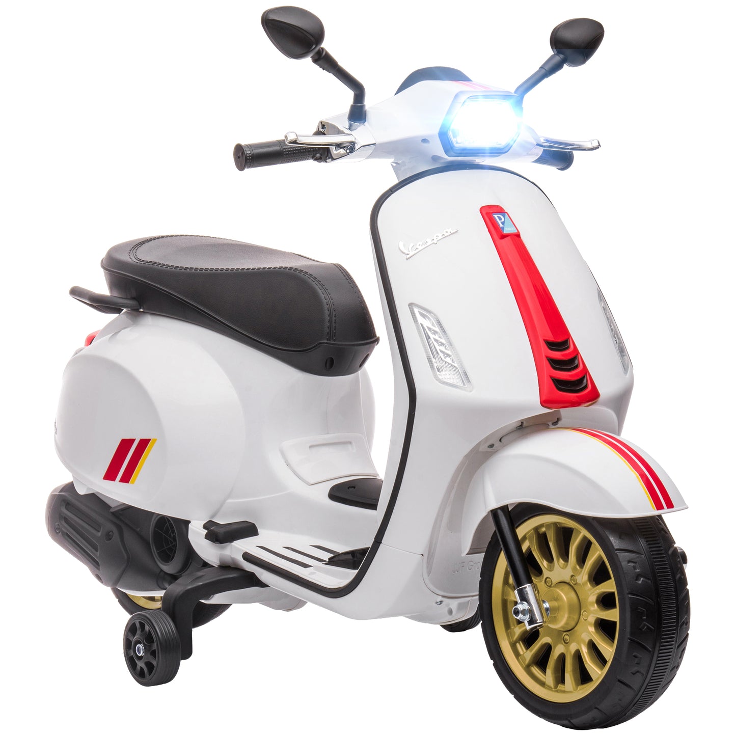12V Vespa Licensed Kids Electric Motorbike w/ Music, Lights, FM Radio, for 3-6 Years - White