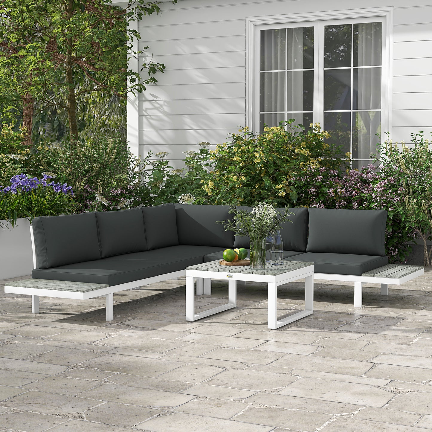 4 Pieces Garden Furniture Set, 5-Level Reclining Garden Corner Sofa Set, Outdoor Lounge Conversation Sectional with Cushions