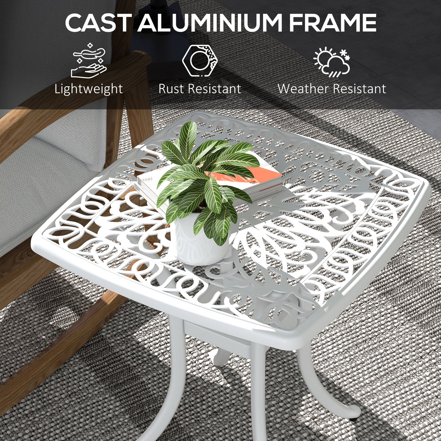 Cast Aluminium Bistro Table, Outdoor Square Side Table with Umbrella Hole, Garden Table for Balcony, White