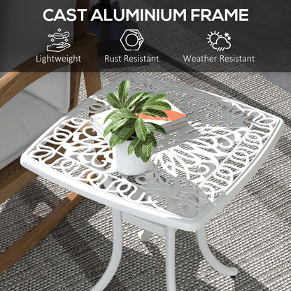 Cast Aluminium Bistro Table, Outdoor Square Side Table with Umbrella Hole, Garden Table for Balcony, White