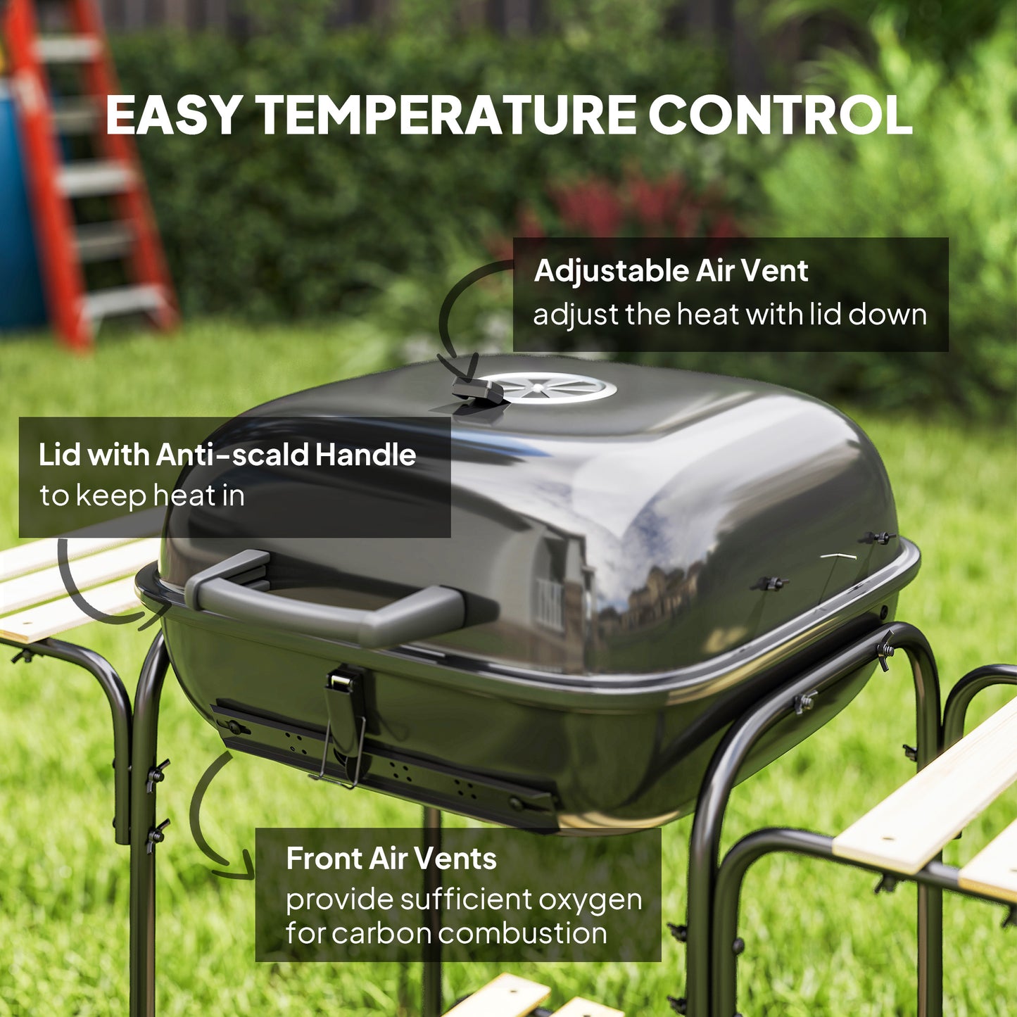 Charcoal Barbecue Grill Portable BBQ Grill with 1840 cm² Cooking Area, 3 Shelves, Adjustable Vent, Lockable Lid