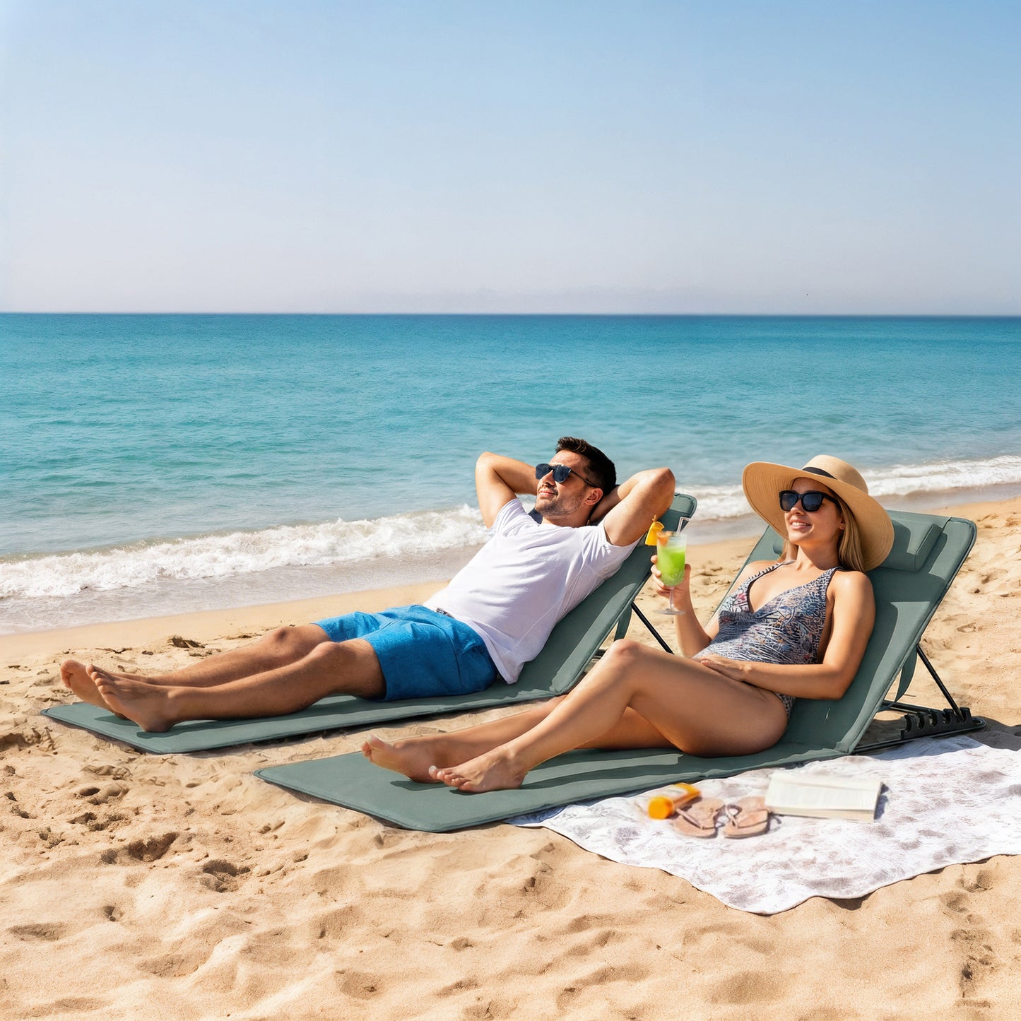 Foldable Sun Loungers Set of 2, Portable Folding Beach Lounger with 4-level Adjustable Backrest, Grey
