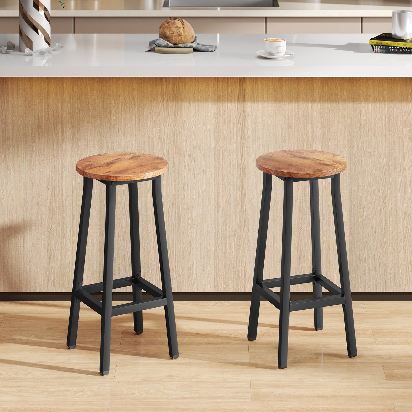 Bar Stools Set of 2 Breakfast Bar Stools with Footrest, Industrial Round, 32 x 32 x 65 cm, Rustic Brown